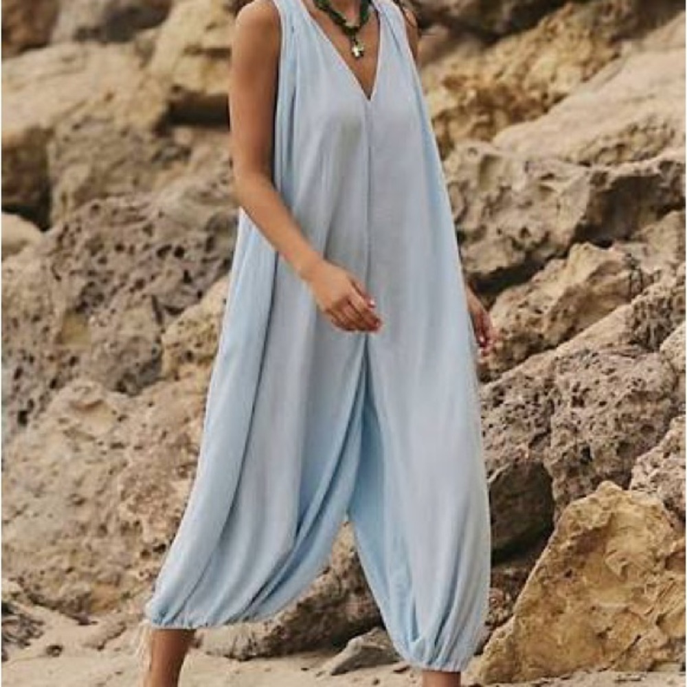 Free People Nautical Notions Sky Blue Women's M Harem Jumpsuit Loungewear